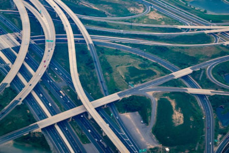aerial view of a freeway interchange