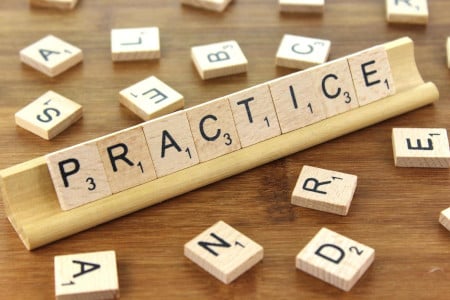the word Practice spelled out with Scrabble letters